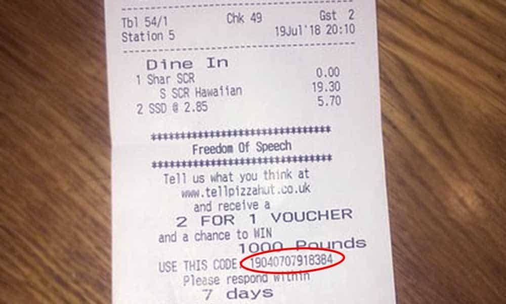 tellpizzahut.co.uk receipt number